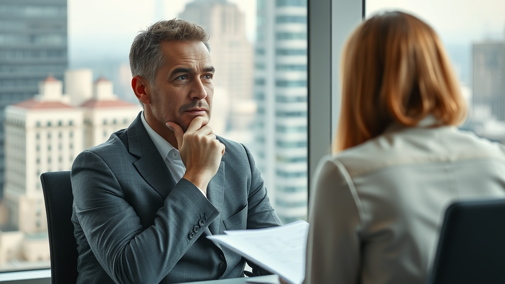 Victim considering insurance settlement offer for car accident compensation claim, sitting with adjuster in office