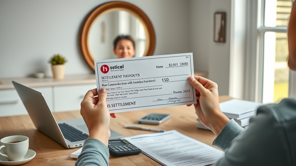 Visual of car accident compensation claim payout: hands holding check and medical bills at home table, laptop, legal documents