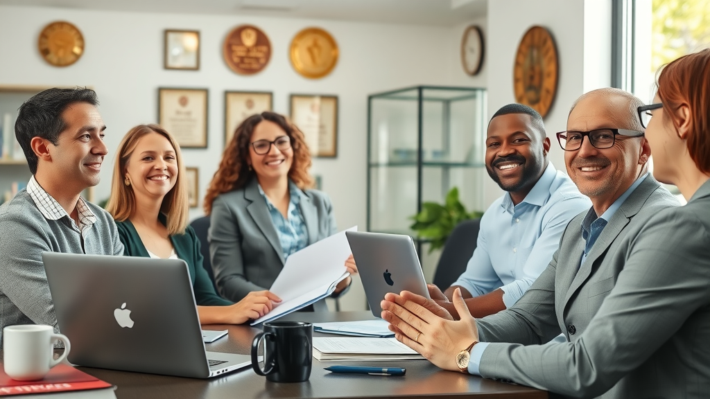 Clients confident in car accident compensation claim after meeting legal team with attorney in bright office