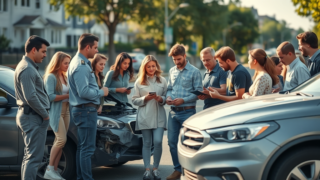 Calm, diverse group of people at the scene of a car accident, concern and focus, exchanging information and calling for assistance, photorealistic, car accident settlement process scene, suburban street with moderate car damage and police officer in background