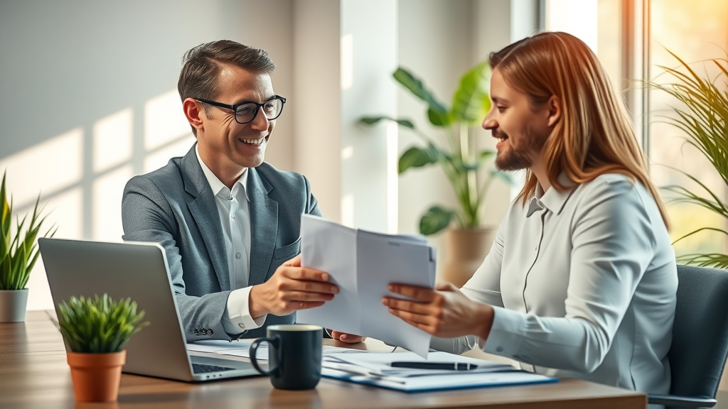 Modern insurance office, agent explaining car accident settlement documents to client, accident claim paperwork, reassuring atmosphere, photorealistic accident settlement process scene