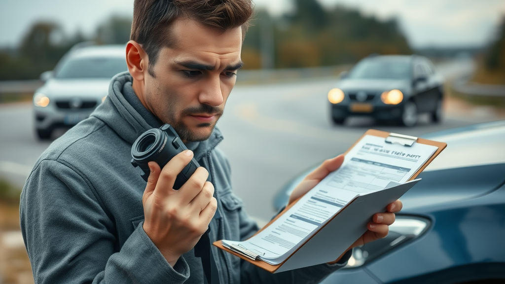Person meticulously gathering car accident evidence, taking photos of car damage and filling out accident report, photorealistic, accident settlement process stage