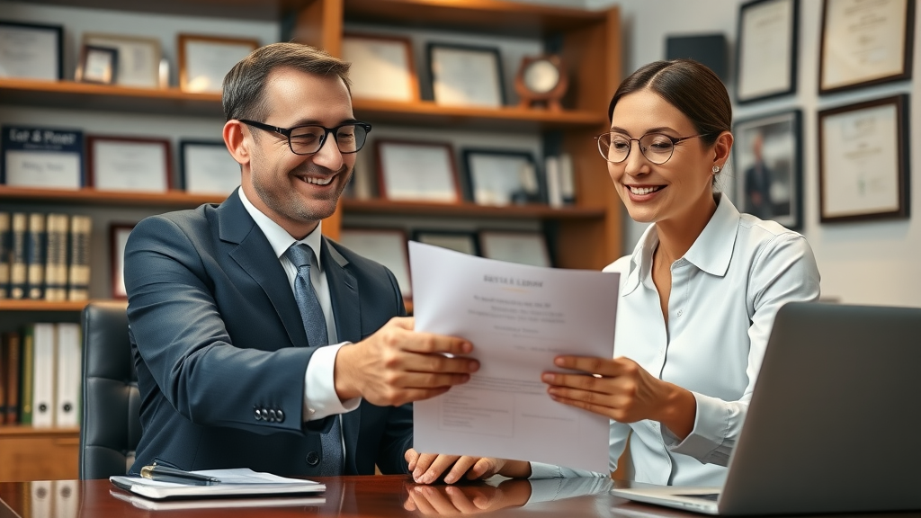 Confident accident attorney and client review car accident settlement documents in law office, photorealistic, handshake and legal paperwork in focus