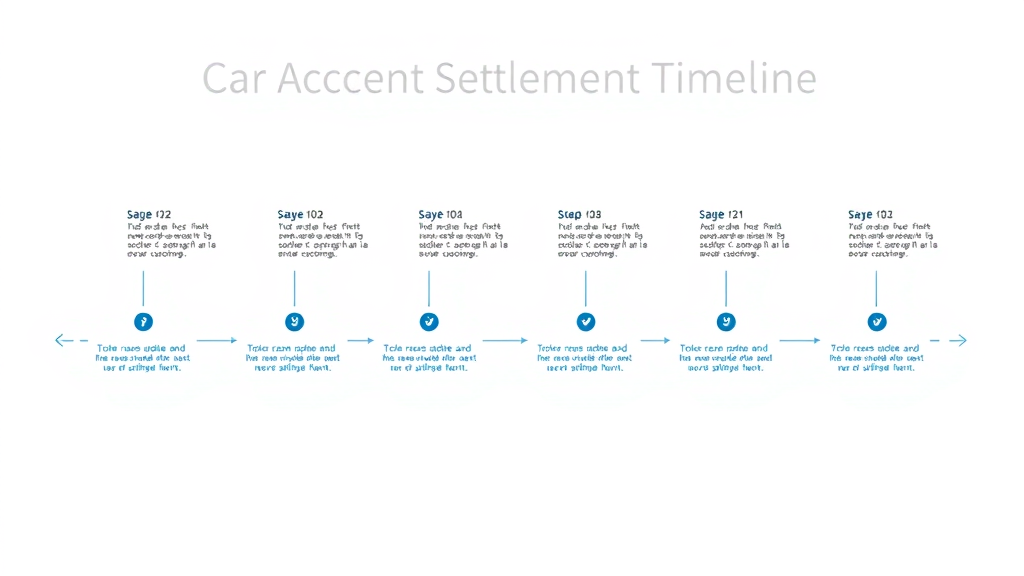 Infographic visualization of car accident settlement process timeline steps and timeframes, clear icons and process flow