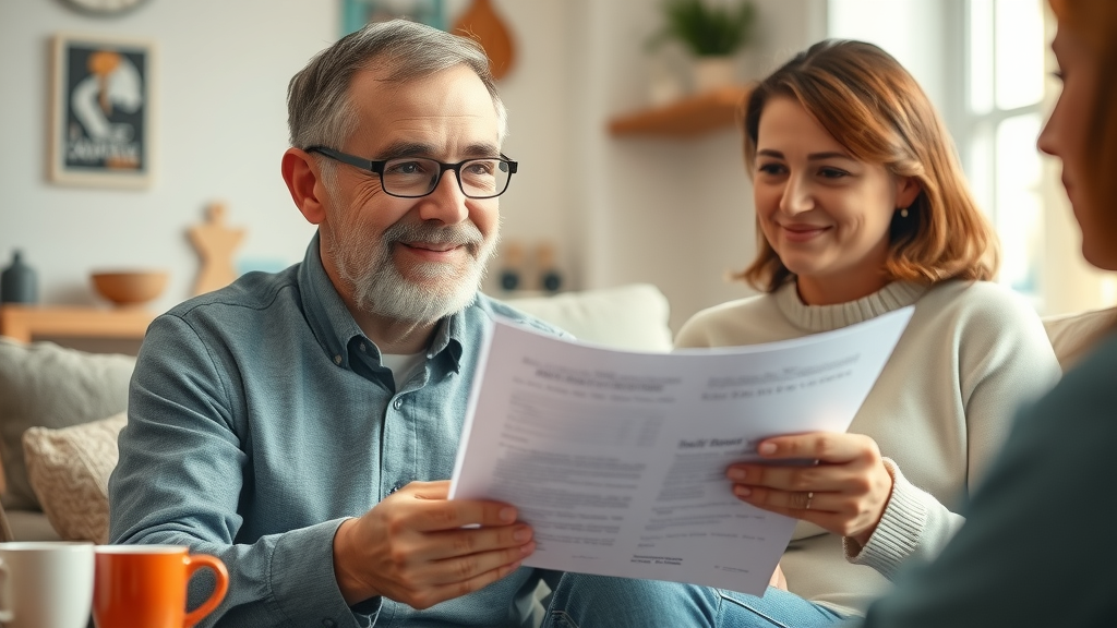 Positive accident victim and family reviewing signed car accident settlement at home, hopeful and relieved atmosphere, photorealistic accident claim success