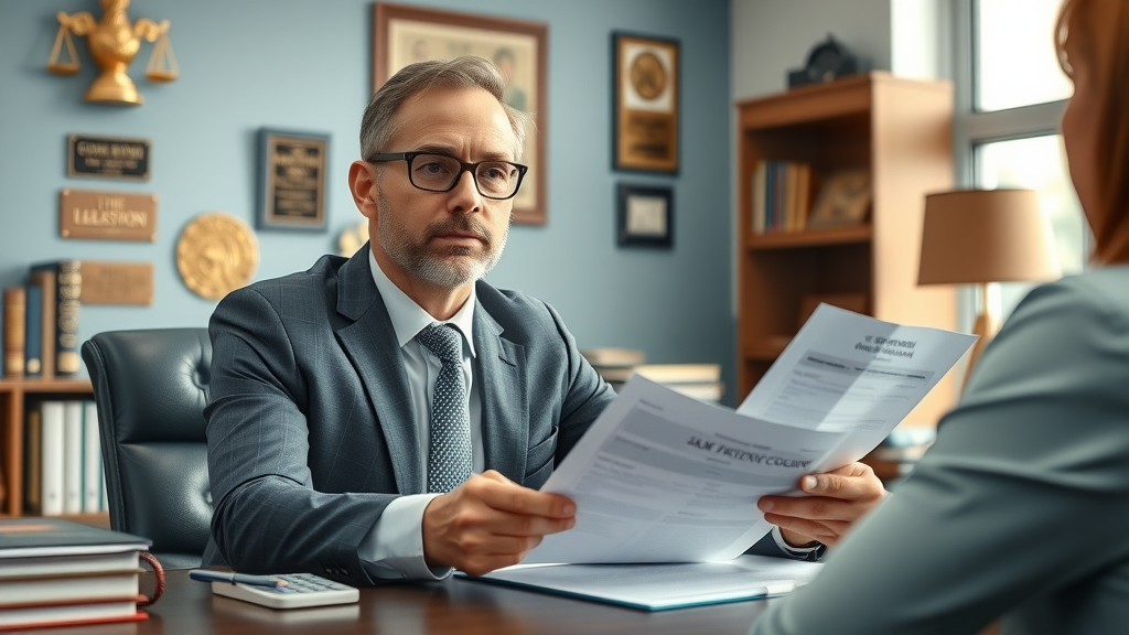 Professional car accident attorney consulting with client over car accident claim documents at law office, photorealistic settlement process scene