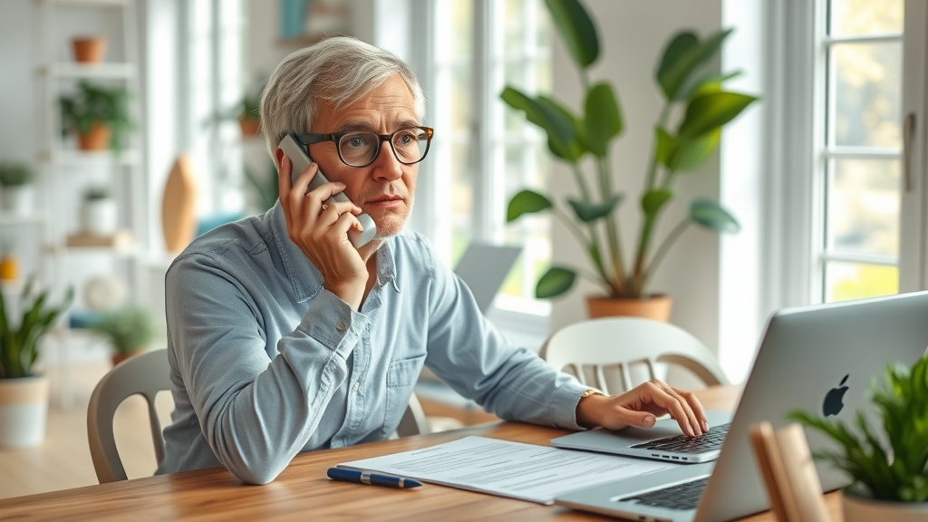 Serene accident victim making phone call to insurance company about car accident claim process, home setting, photorealistic