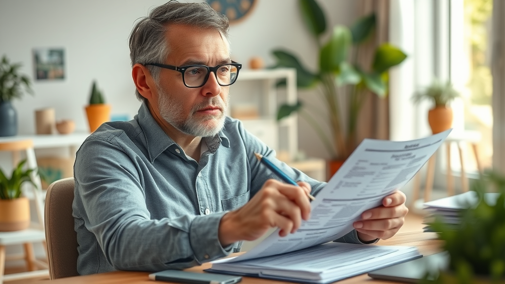 Accident victim reviewing insurance documents for compensation for whiplash injuries, at home desk with medical and legal paperwork, thoughtful and hopeful expression