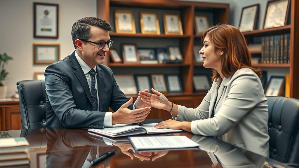 Personal injury lawyer consulting a whiplash claimant about compensation for whiplash injuries, modern office setting, reviewing legal and medical documents