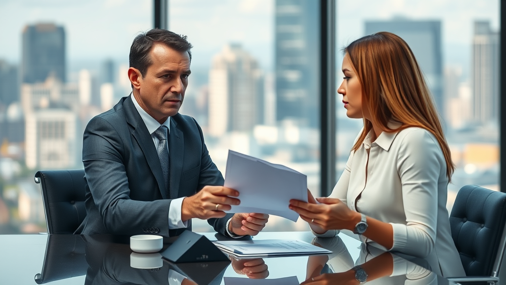Insurance adjuster negotiating compensation for whiplash injuries at corporate meeting table, exchanging documents