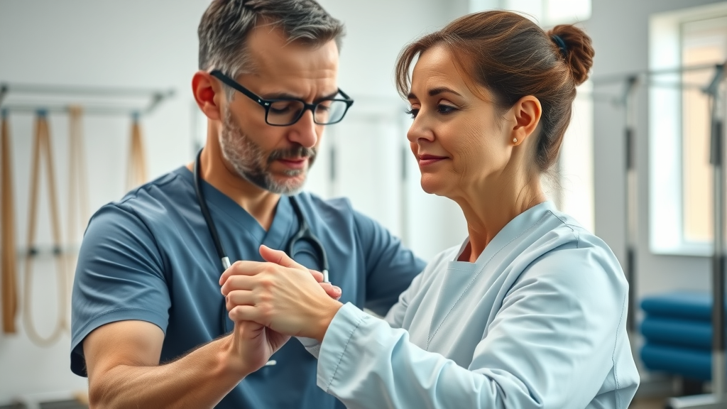 Physical therapist helping whiplash victim with neck exercises for compensation for whiplash injuries in clinical rehab setting