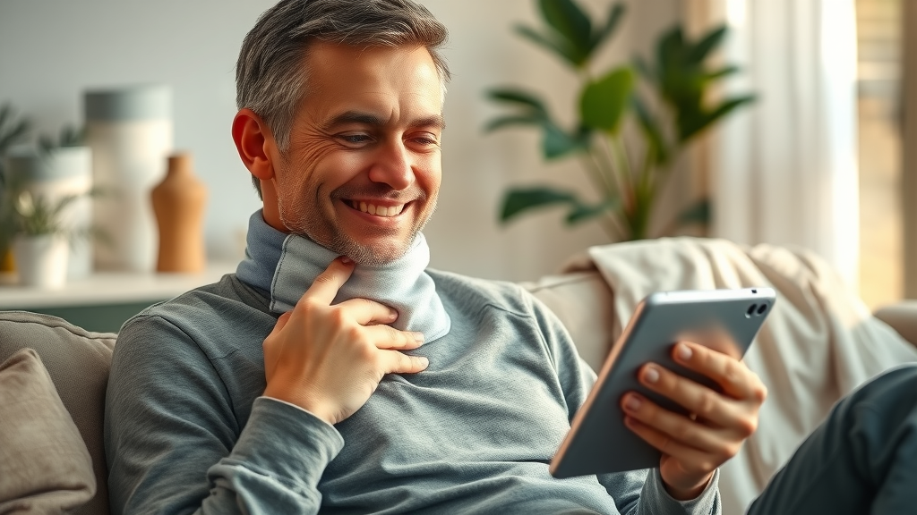 Individual recovering from compensation for whiplash injuries at home, using ice pack and browsing legal advice on a tablet