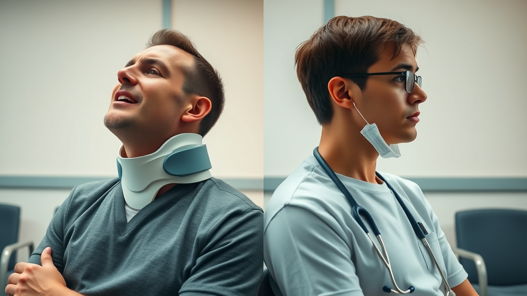 Side-by-side view of severe whiplash victim in neck brace and minor discomfort patient for compensation for whiplash injuries in clinical waiting room
