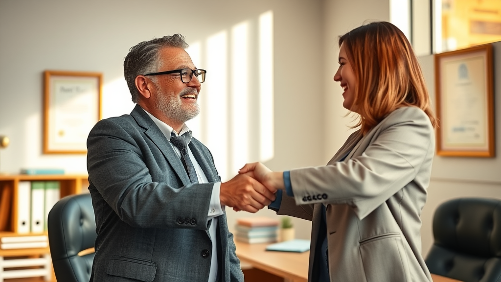Car accident victim celebrating compensation for whiplash injuries settlement with lawyer in sunlit law office