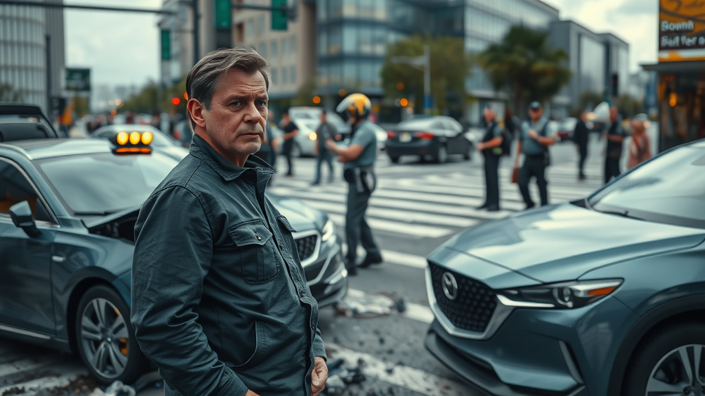 insurance claims for car accidents urban car accident scene concerned driver exchanging information at city intersection with police, debris, and onlookers