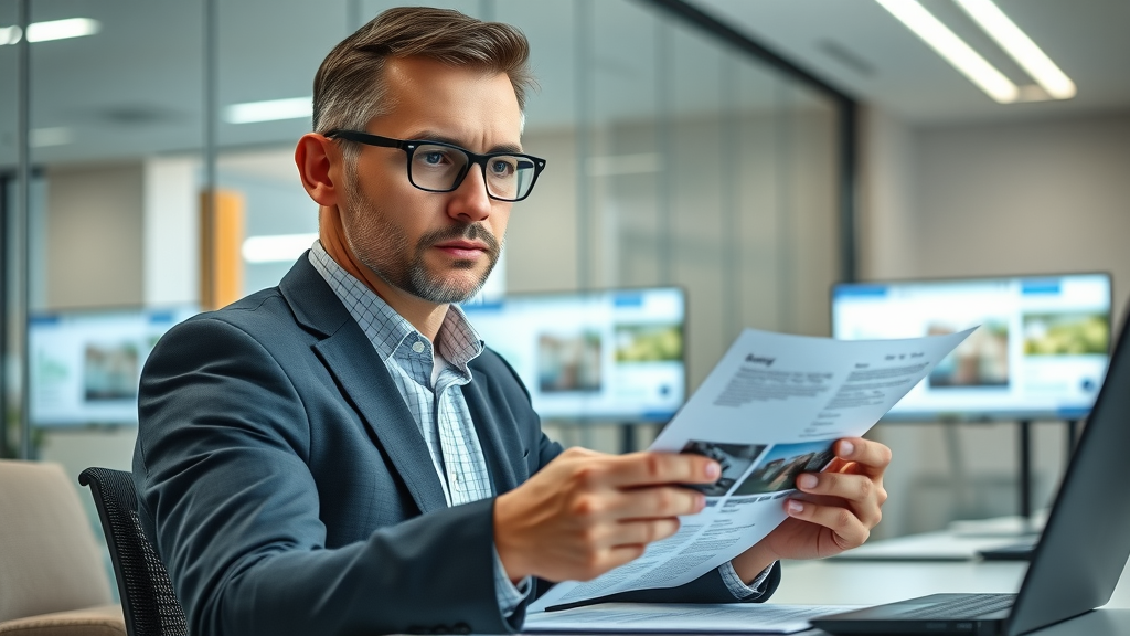 insurance company adjuster reviewing car accident insurance claim paperwork in a modern office