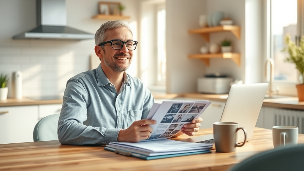 insurance claims for car accidents — policyholder organizing car accident photos, insurance forms, and repair estimates at kitchen table