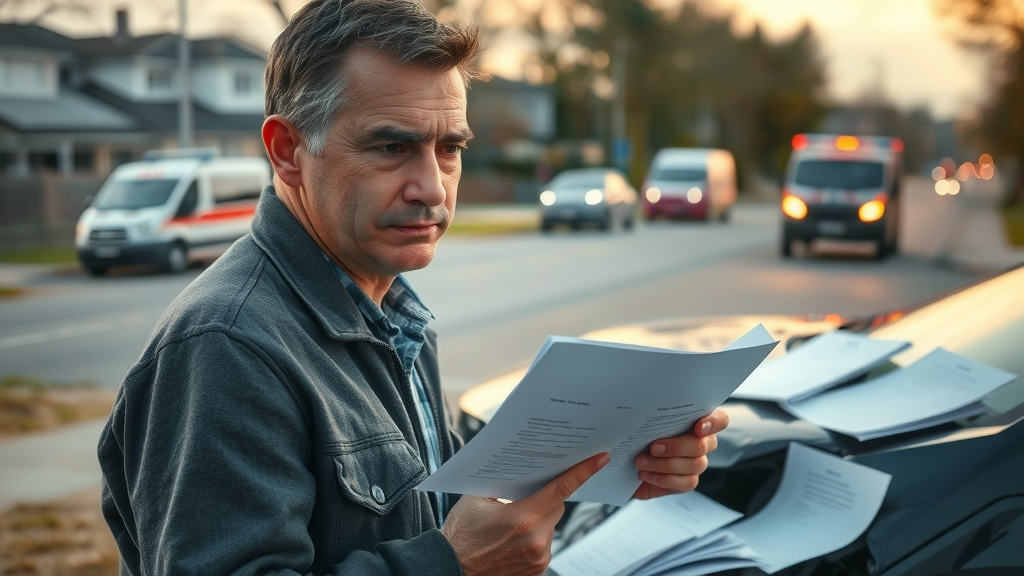 Calculating car accident damages: individual reviewing documents next to a damaged vehicle in a suburban street, emergency vehicles in background, photorealistic, natural tones, 50mm lens, no text