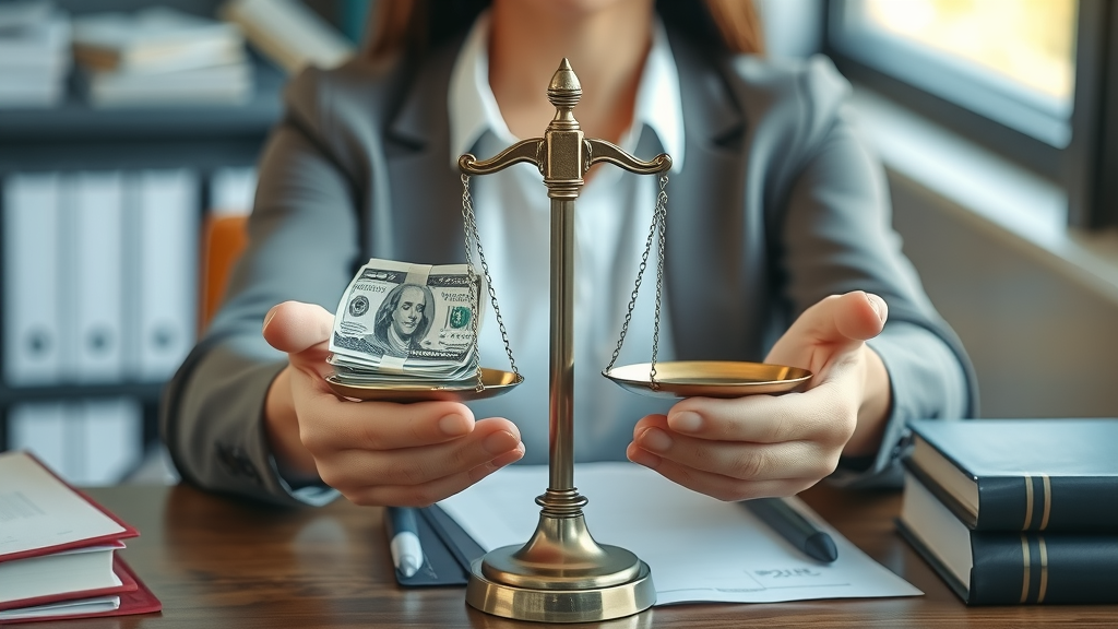 Calculating car accident damages: conceptual balance between economic and non-economic damages, hands holding icons/scales, legal office, realistic, natural light, 85mm lens