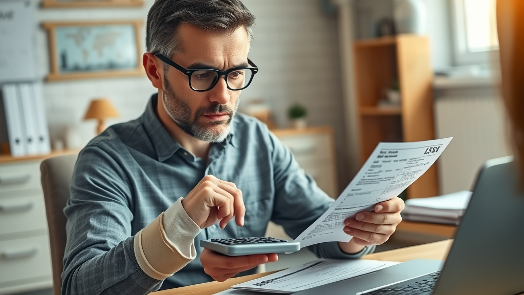 Calculating car accident damages: realistic depiction of lost wages, reviewing pay stub and calculator, medical brace, tidy home office, photorealistic, muted tones, 50mm lens