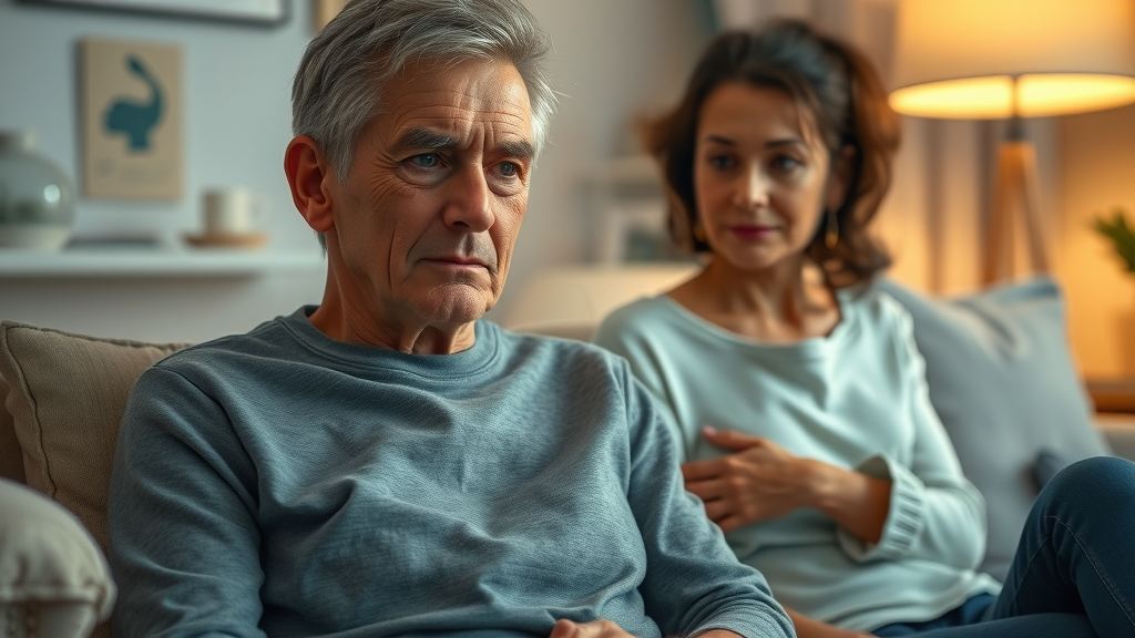 Calculating car accident damages: portrayal of pain and suffering, quiet reflection with supportive friend, living room, medical aids, photorealistic, soft pastels, 35mm lens