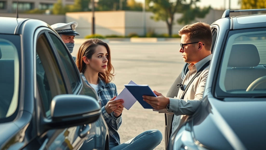 Calculating car accident damages: two drivers and officer discussing shared fault beside vehicles, parking lot, insurance cards, police, photorealistic, natural sun, 50mm lens