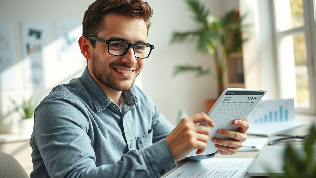 Calculating car accident damages: modern settlement calculator app on tablet, confident person, sunlit home workspace, photorealistic, bright whites, 35mm lens
