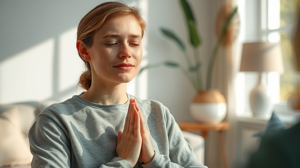 Calculating car accident damages: recovery from anxiety, mindfulness, supportive presence, tranquil room, realistic textures, gentle greens, 50mm lens