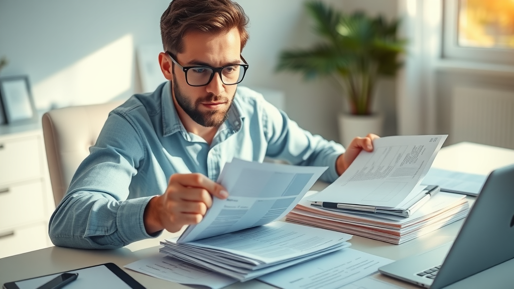 Calculating car accident damages: organized documentation, sorting files and receipts, modern home office, photorealistic, crisp detail, 85mm lens