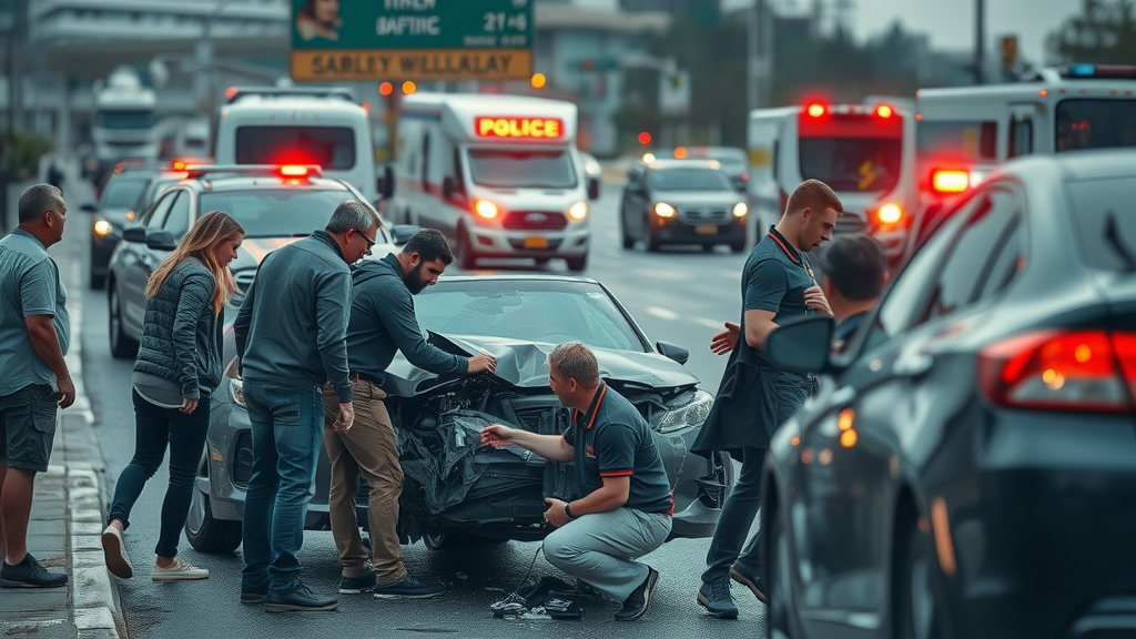 Car accident injury compensation laws - emergency scene with police and ambulances after a serious highway car crash, concerned people and responders helping victims
