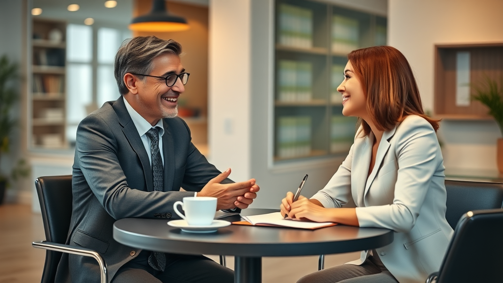 Confident car accident lawyer offering legal advice to accident victim—law books and diploma visible in the background