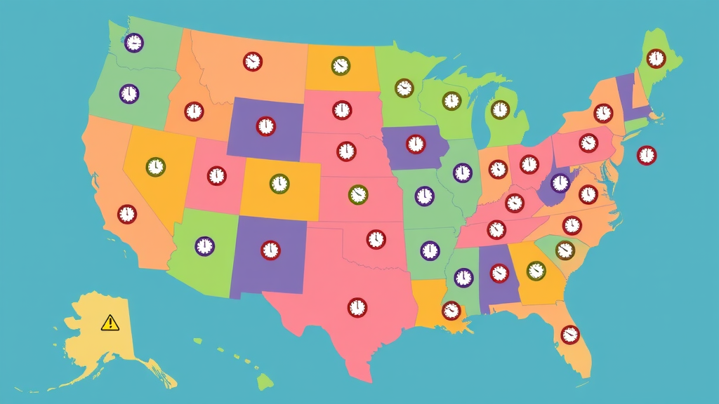 Colorful map of United States with icons symbolizing legal time deadlines for car accident injury claims—statute of limitations visual aid