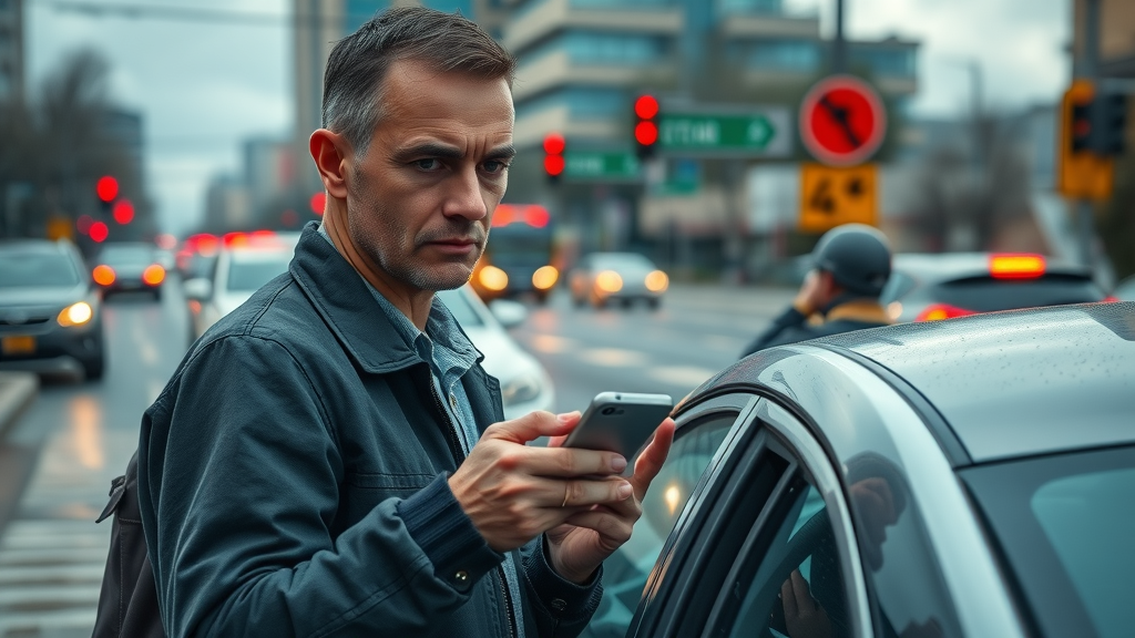 Concerned driver next to damaged car at the scene of a fresh car accident, displaying anxiety, with traffic officers and emergency lights visible in a city environment, illustrating car accident legal advice in action