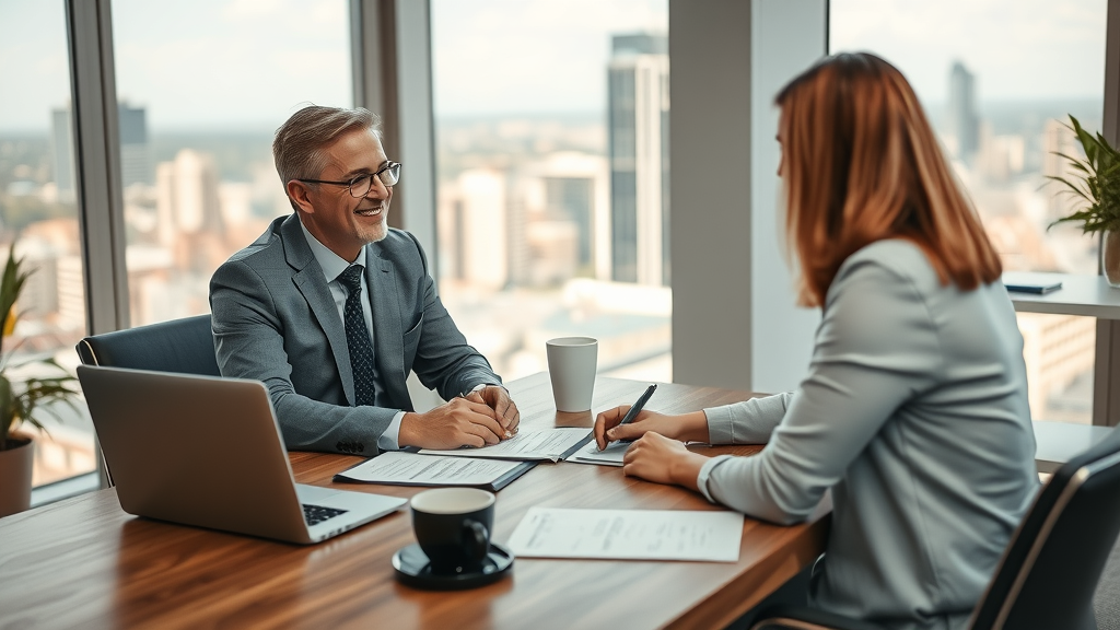 Professional accident attorney consulting a client at a desk in a modern law office with cityscape view, illustrating importance of early car accident legal advice