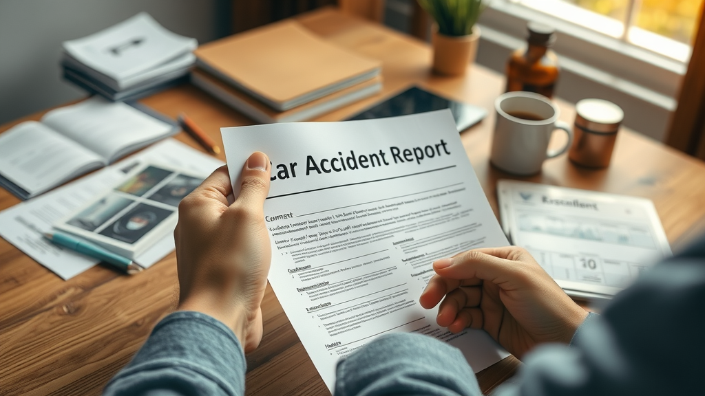 Hands holding car accident report and accident photos, demonstrating car accident law documentation in a legal setting