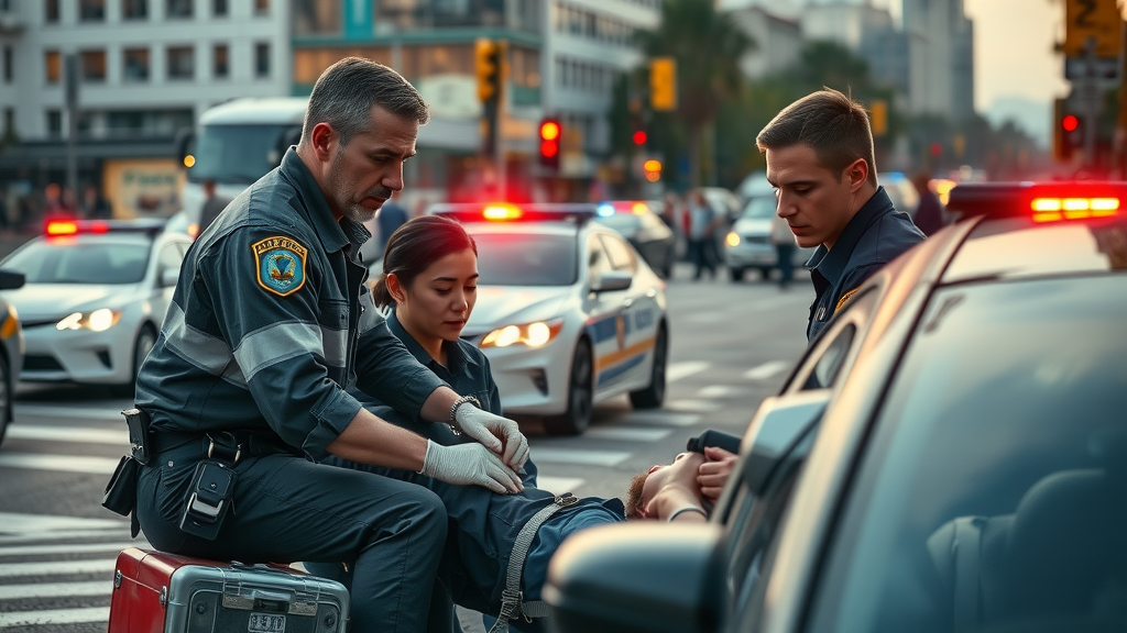 Emergency medical team assisting car accident victim at city intersection, illustrating first response legal advice after a car crash