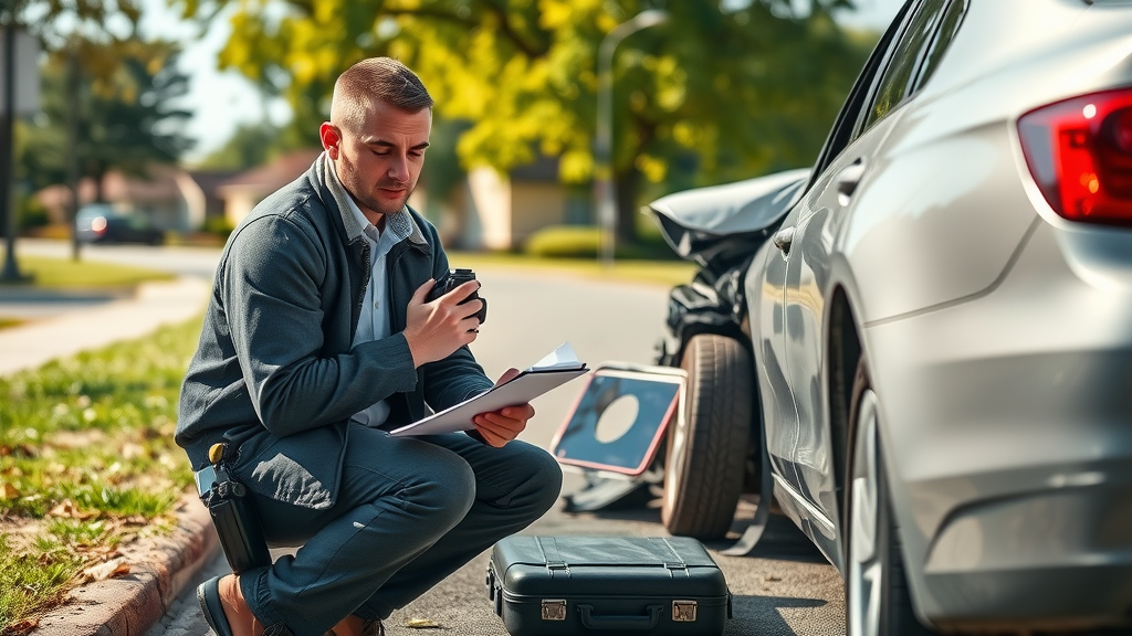 Insurance adjuster reviewing car damage at accident scene, illustrating the insurance company’s role in car accident claims