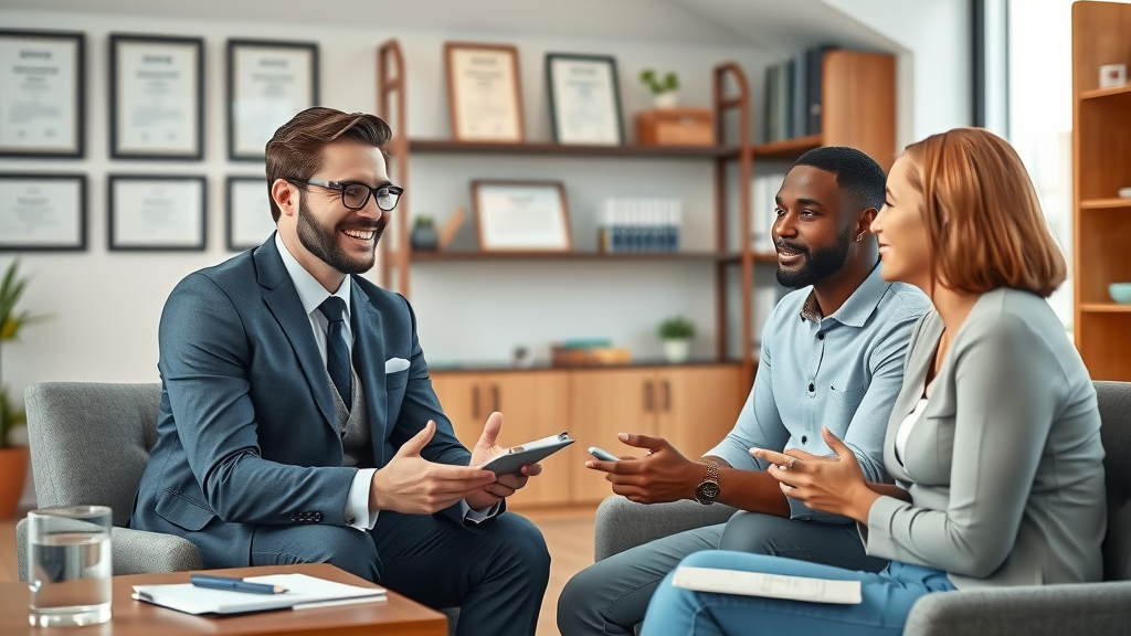 Confident car accident attorney meeting with clients, offering car accident legal advice in a modern consultation office