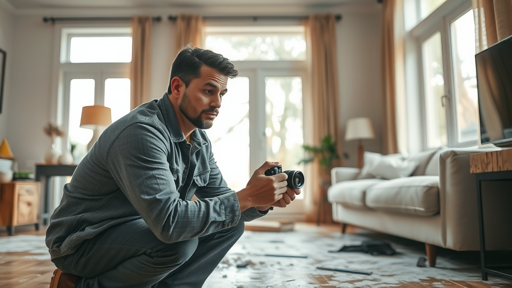 Insurance adjuster inspecting property damage, taking photos for property damage claim documentation