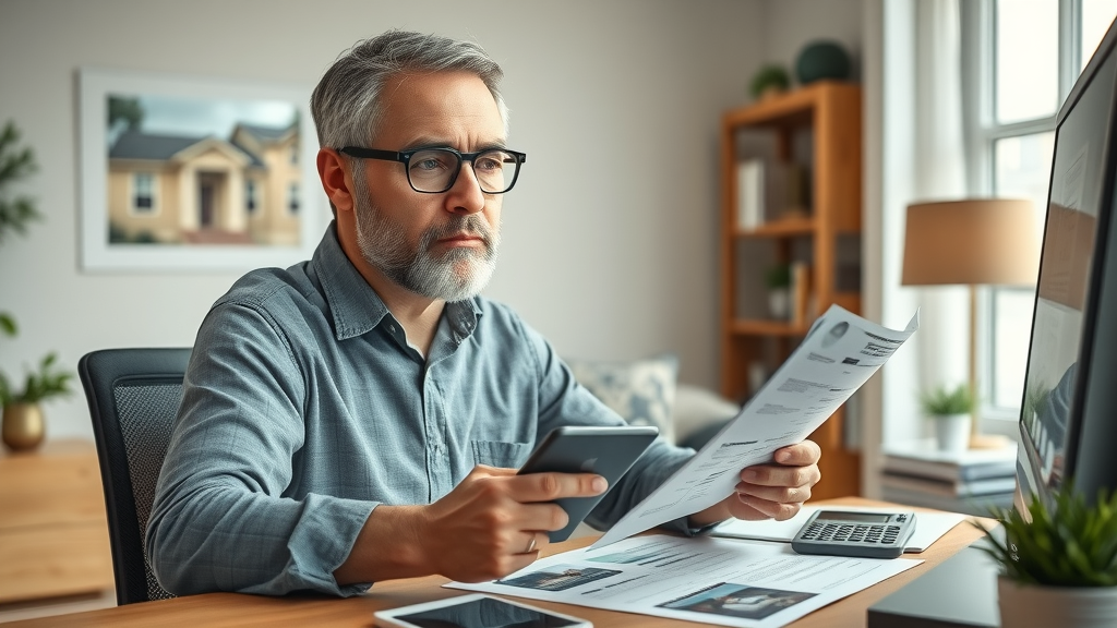 Homeowner calculating compensation for property damage, paperwork and insurance documents, claim preparation