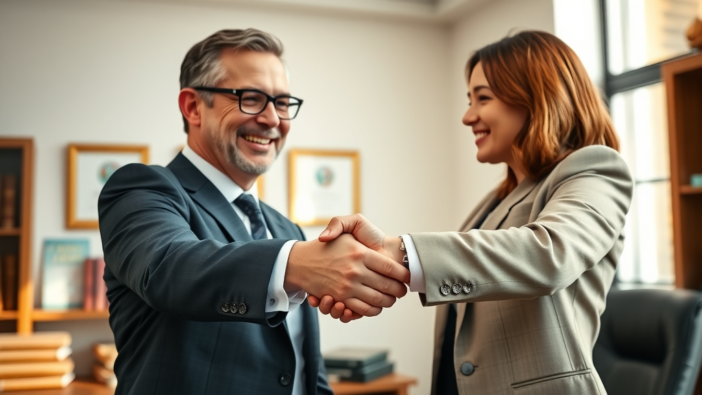 Satisfied injury attorney and client shaking hands after a successful compensation for property damage claim