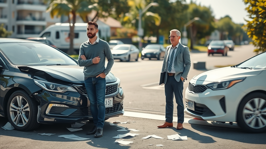 Concerned driver and insurance agent at the scene, discussing the car accident compensation timeline beside damaged vehicles on a sunny suburban street.