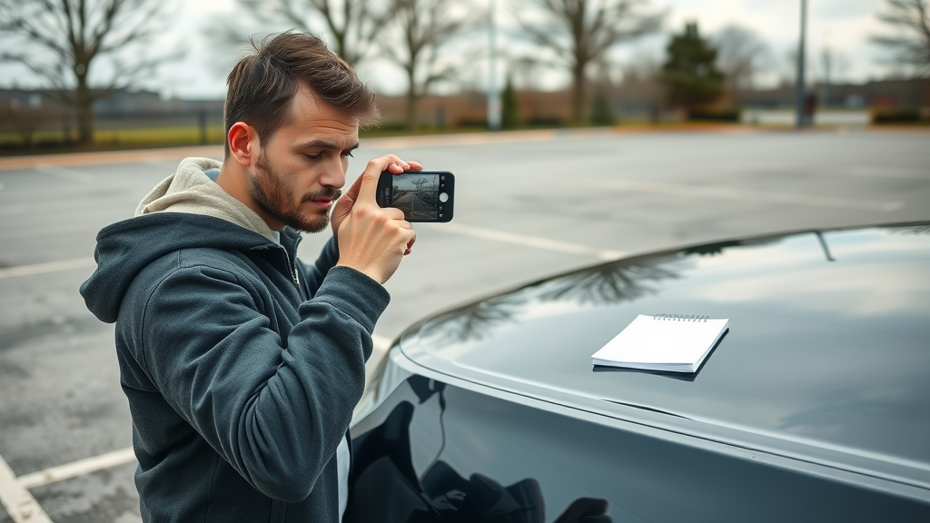 Photorealistic scene showing evidence documentation for a car accident case — evidence photos being taken with a phone and notes on the car hood for insurance claim.