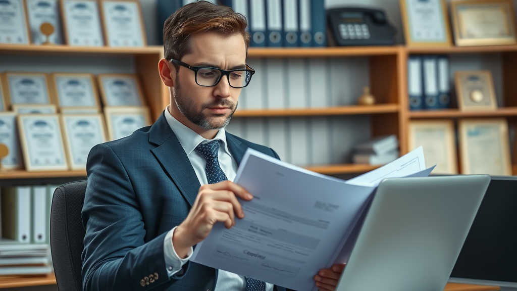 Insurance company investigator analyzing documents and files related to a car accident claim settlement process.