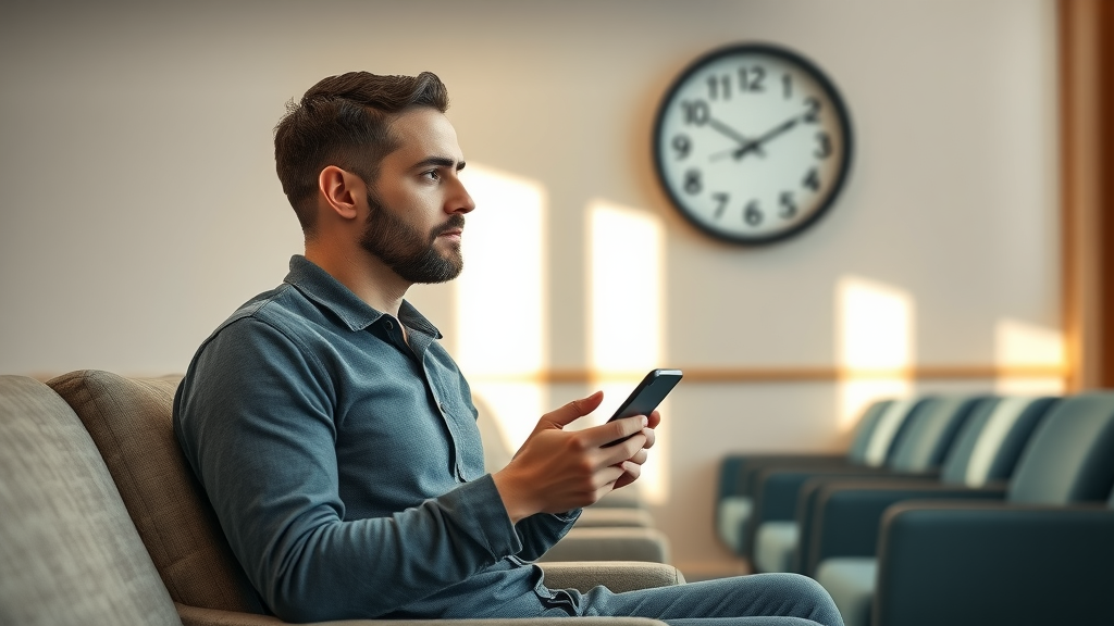 Car accident victim patiently checking clock while waiting for compensation settlement timeline.