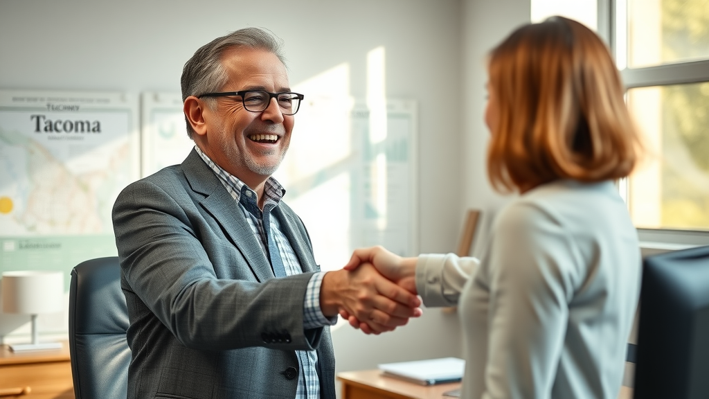 Victorious injury client and lawyer celebrating successful compensation for injury in Tacoma