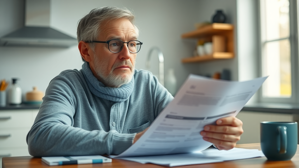 Concerned middle-aged person reviewing medical forms for a personal injury claim at a kitchen table in a Tacoma, WA home.