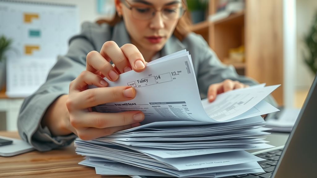 Close-up of hands organizing medical documents for a personal injury claim, in a tidy home office Tacoma, WA.