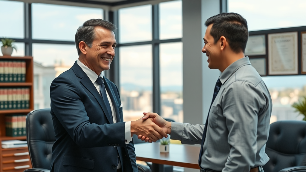 Professional personal injury attorney consulting with injured client in Tacoma, both shaking hands in a law office with city view.