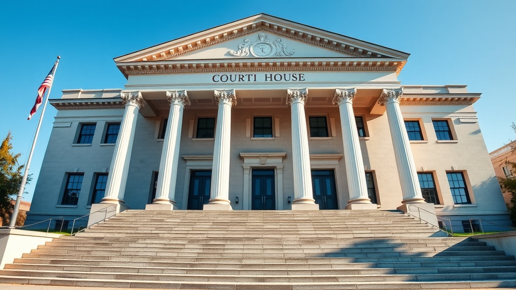 Photorealistic view of the Washington courthouse exterior in Tacoma in bright daylight, reflecting personal injury law authority.